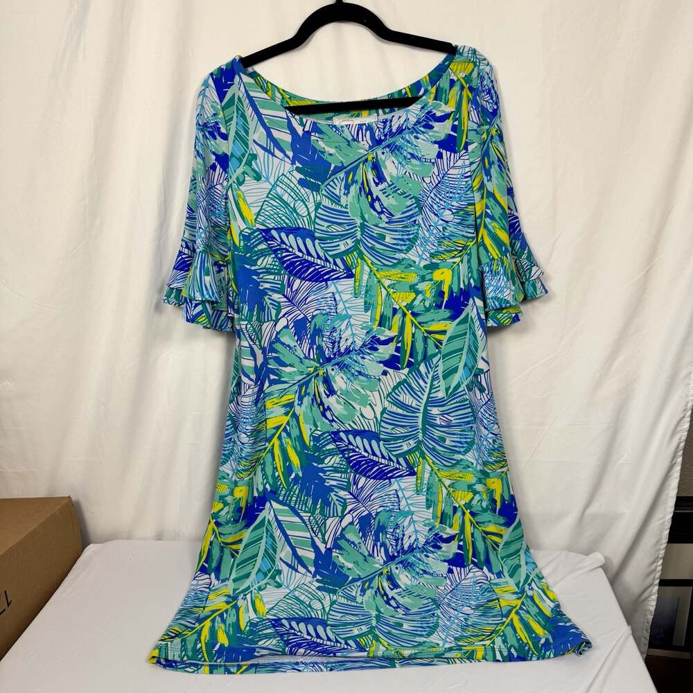 Pappagallo Tropical Palm Leaf Print Ruffle Sleeve Dress Size L